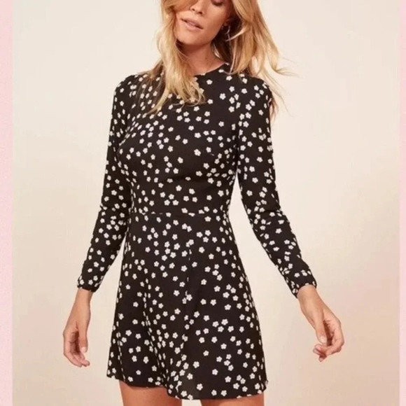 Reformation Black Sharon Full Sleeve White Garland Dress $185 - Picture 5 of 13